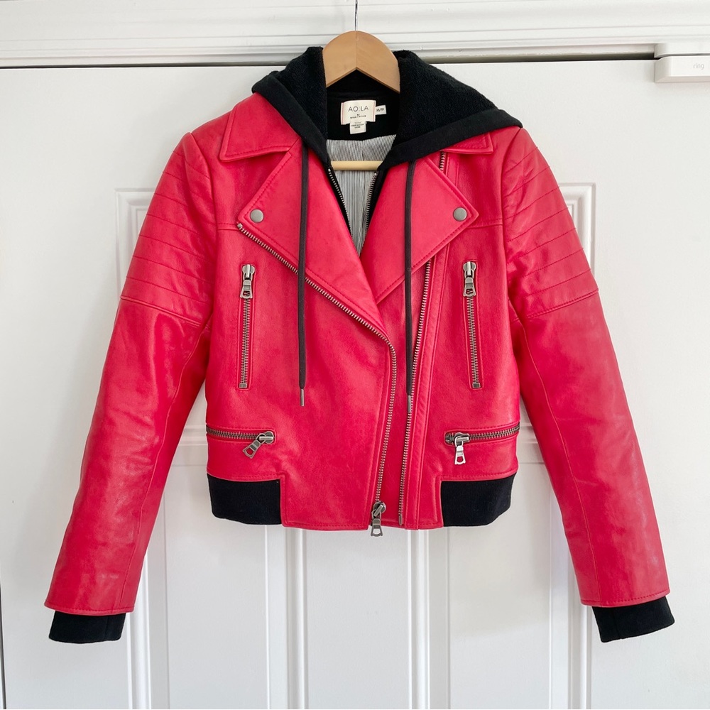 Alice + Olivia Avril Red Leather Moto Jacket with Attached Hoodie
